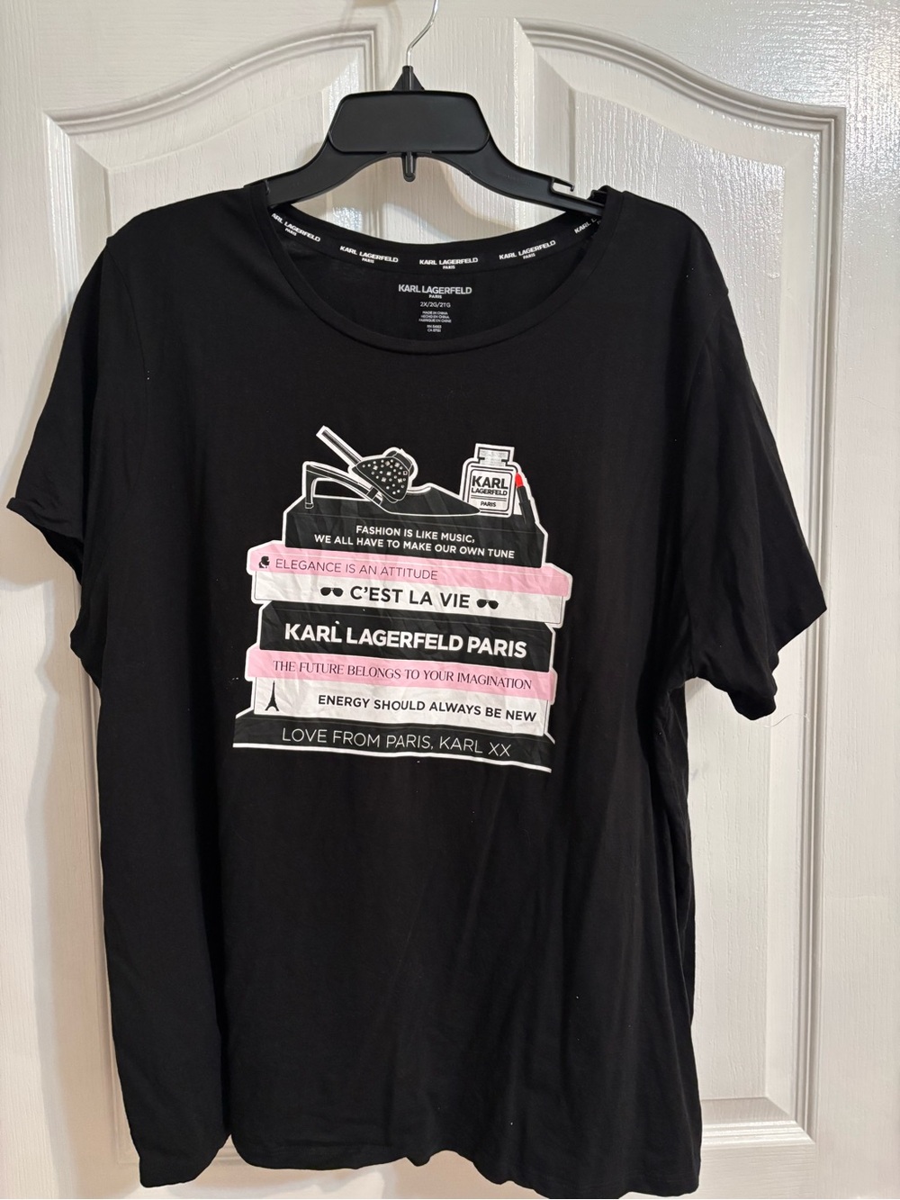 Karl Lagerfeld Black Tee with Pink & White Paris Graphic